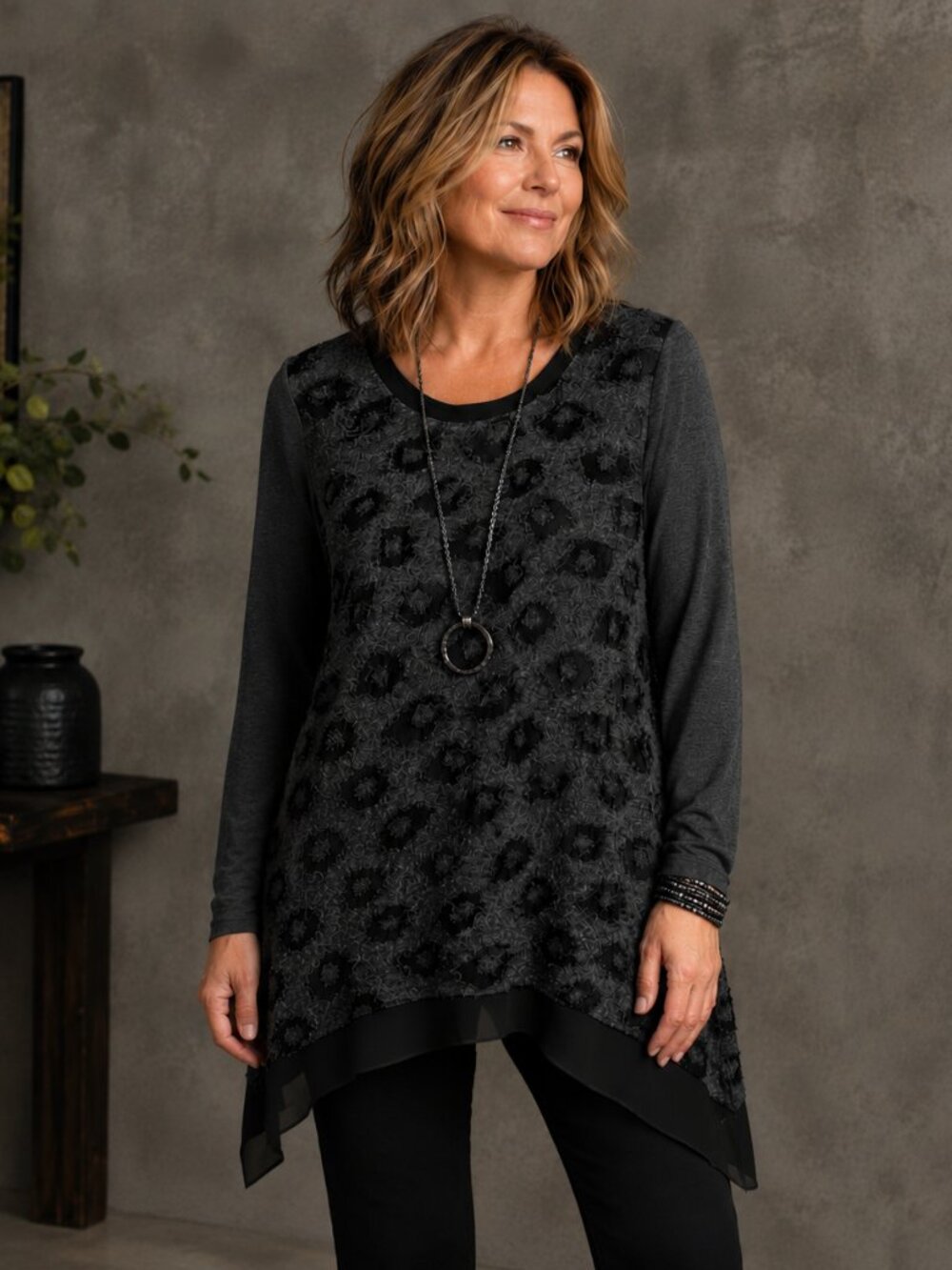 Patrizia Luca Womens Animal Print Burnout Tunic Top XL Artsy Indie Lagenlook